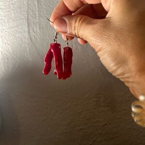 Red coral red branch earrings for pierced ears